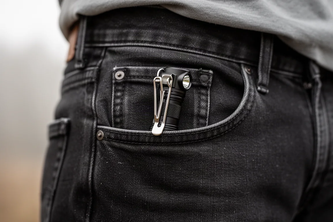 Linterna sujeta con clip a un bolsillo de mezclilla con luz natural suave