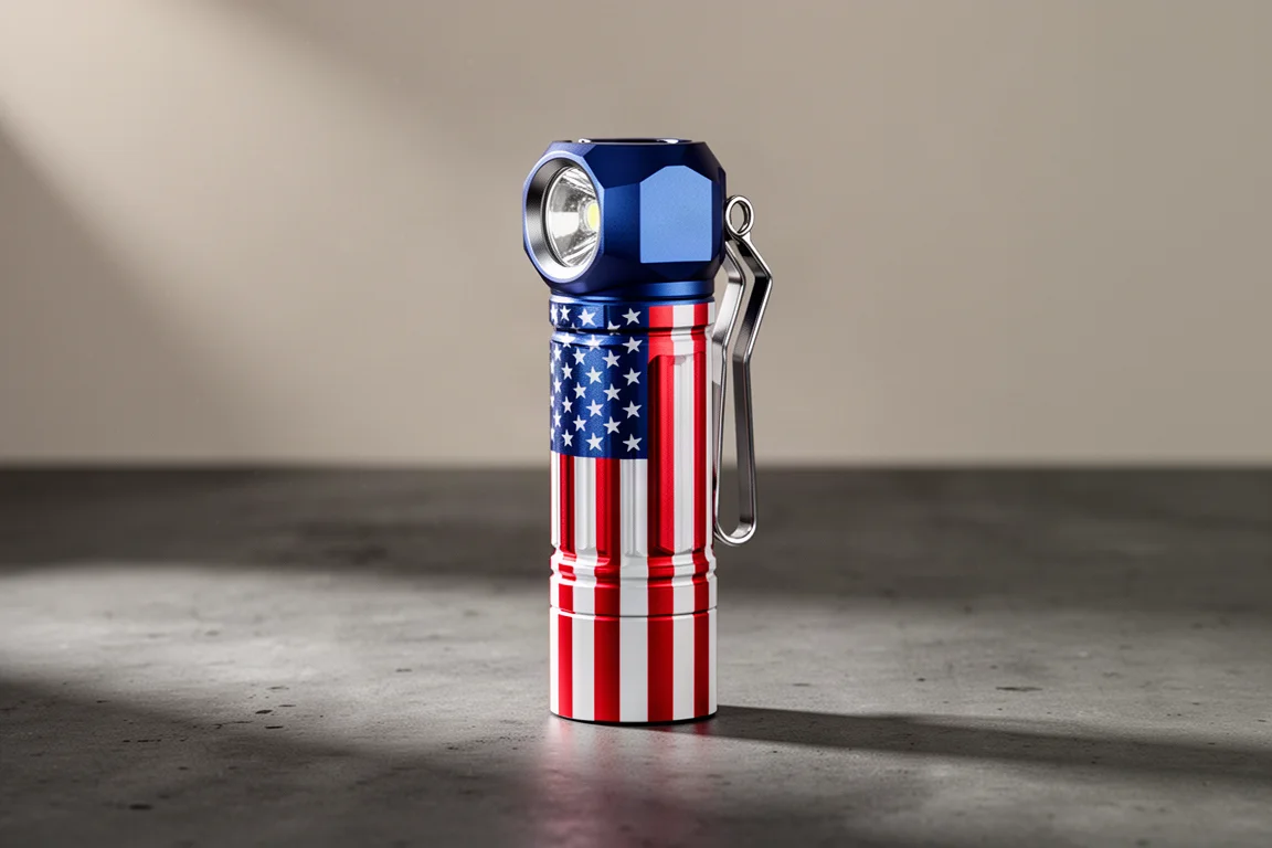 Torcia tattica Olight Warrior S3 con finitura stars and stripes su cemento scuro