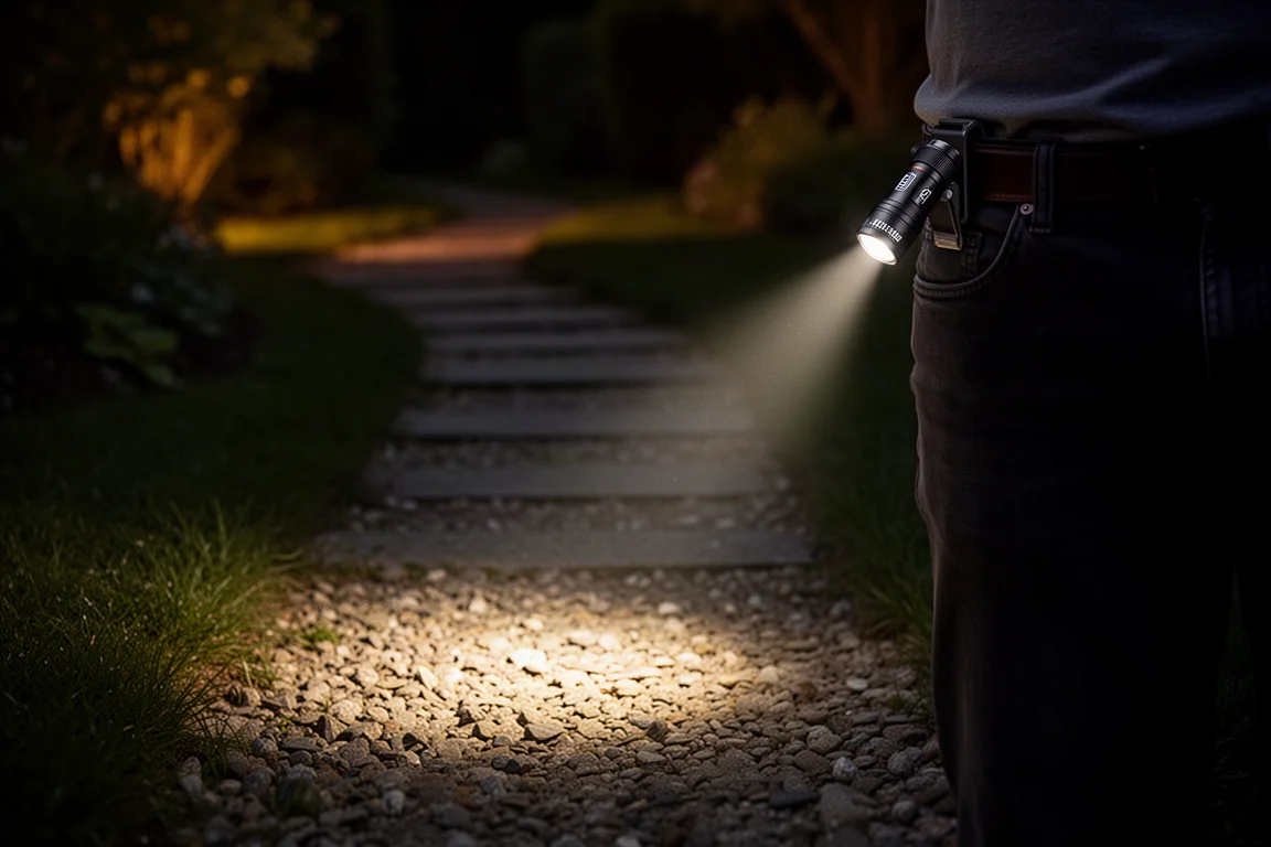 Petite lampe de poche à pince projetant un faisceau vers le bas sur un chemin de jardin sombre