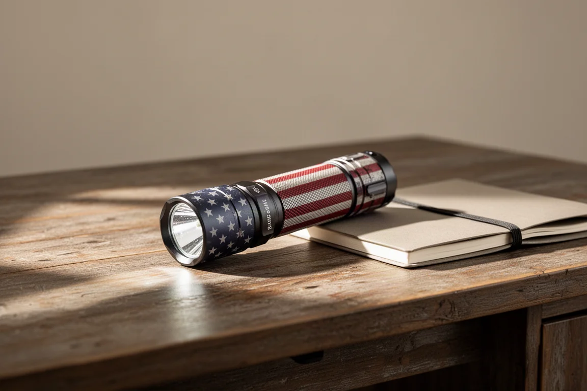 Taktische Taschenlampe mit Flaggenmotiv, liegend auf einem rustikalen Holzschreibtisch