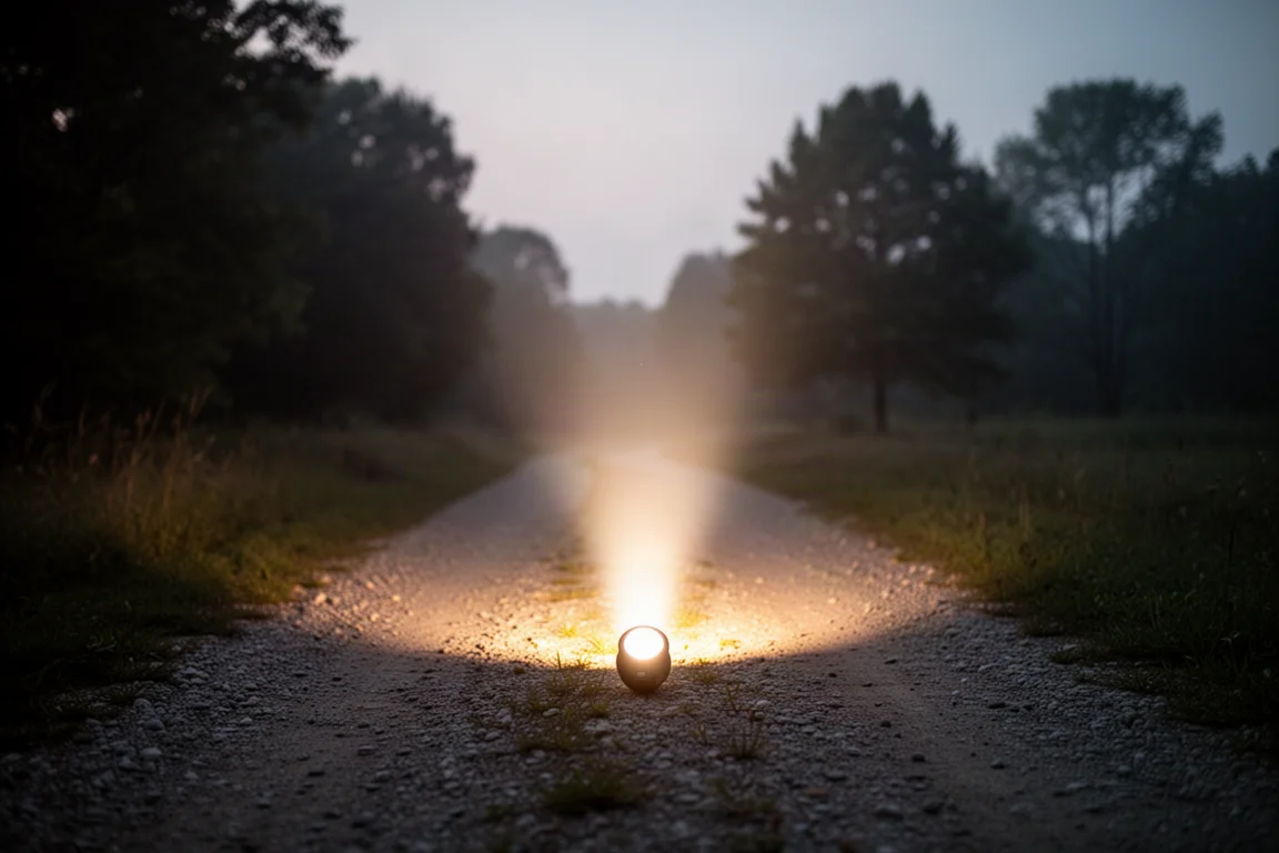 Lichtstrahl einer Taschenlampe, der draußen die dunkle Abenddämmerung durchschneidet