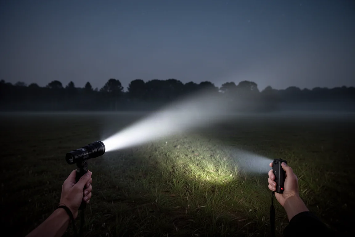 Tactical flashlight casting a long narrow beam across a dark field at night