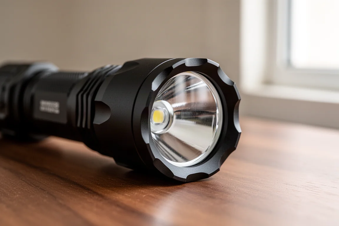 Close-up of a crenulated glass-break bezel on a black flashlight head