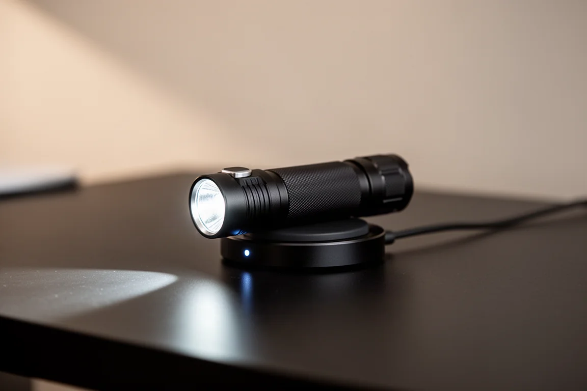 Flashlight resting on a magnetic charging pad with a green indicator glowing
