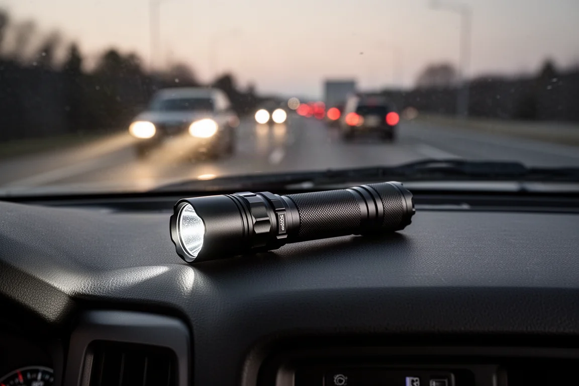 Flashlight lying on a truck dashboard at dusk with headlight beam visible outside
