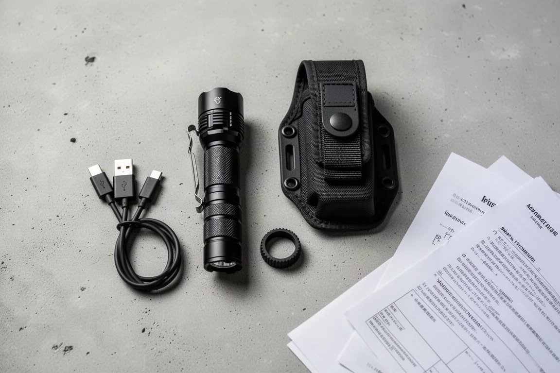 Tactical flashlight with molded snap-in holster, USB-C cable, and grip ring laid out on concrete