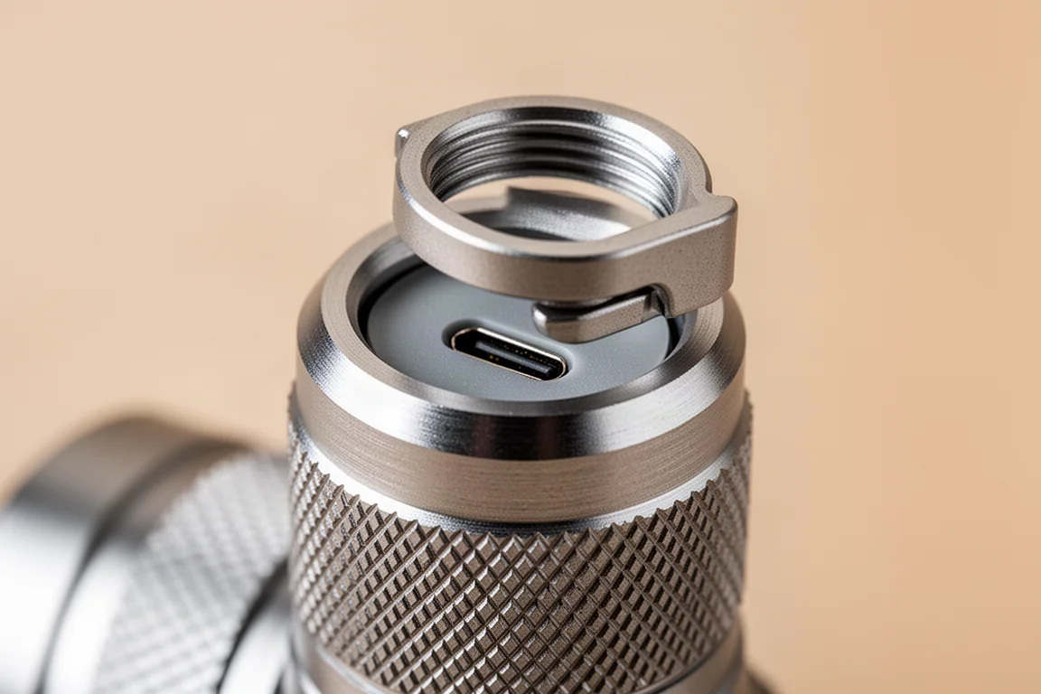Close-up of a twist-off bezel revealing a hidden USB-C charging port on a flashlight body