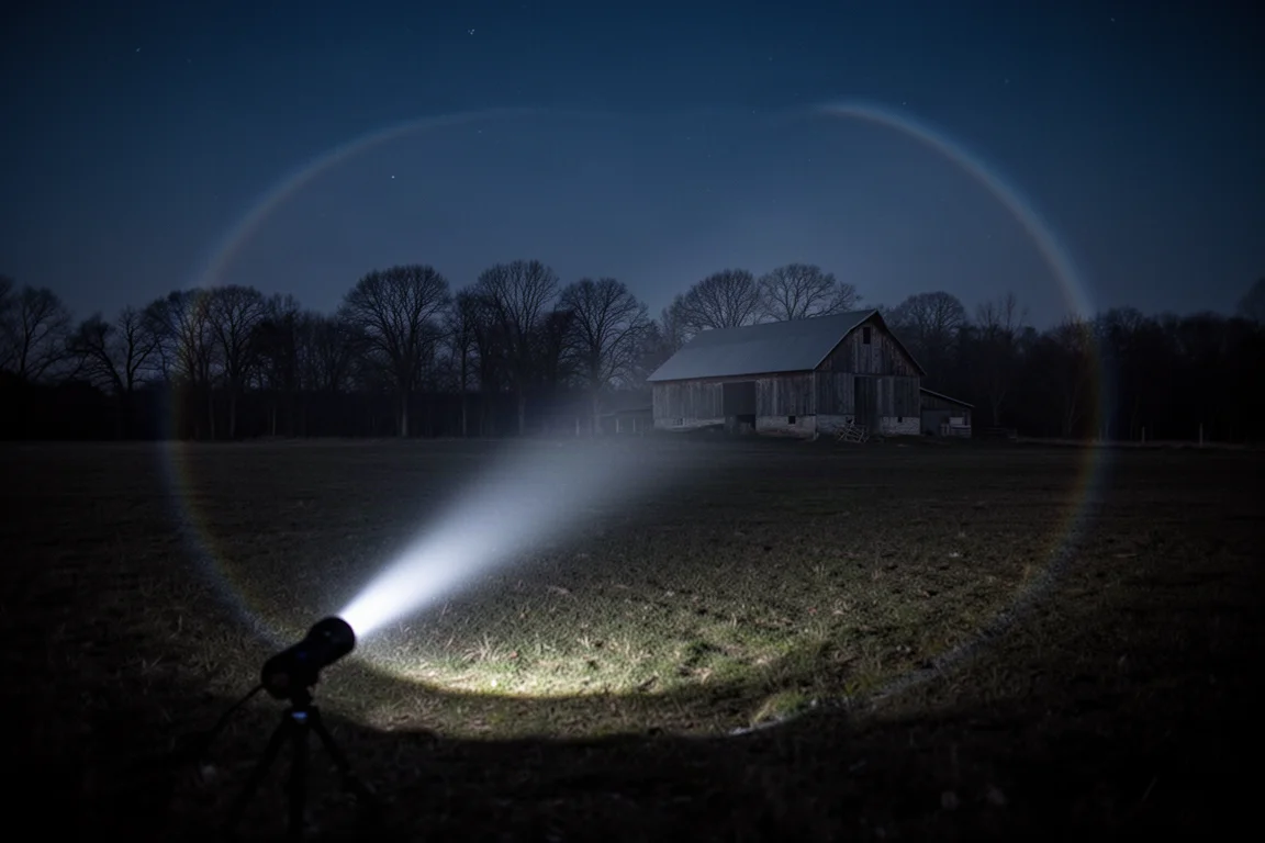 Night beam shot from a tactical flashlight reaching a distant barn and treeline