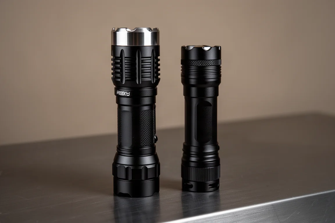 Two tactical flashlights side by side on a dark surface for comparison
