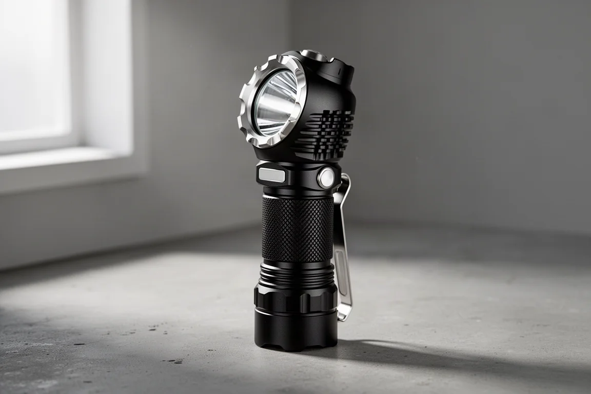 Torcia tattica Olight Warrior X4 in piedi su una superficie di cemento