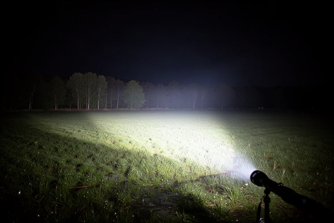 Szeroki snop światła potężnej latarki oświetlający otwarte pole nocą