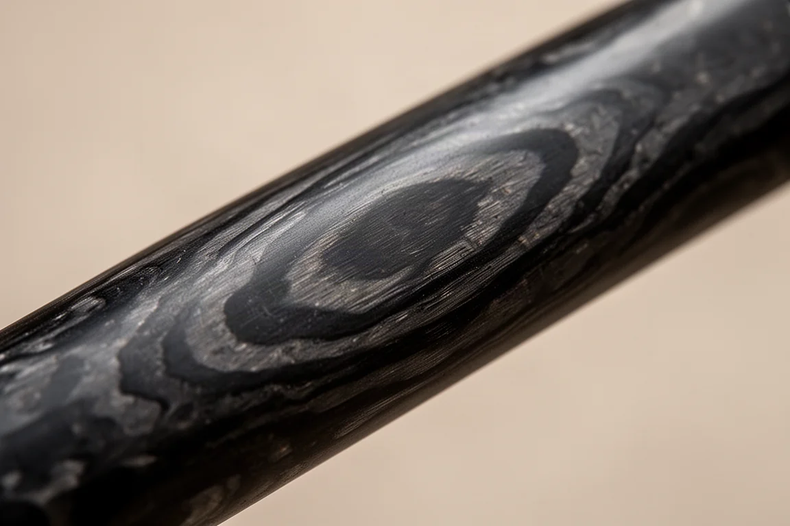 Zbliżenie na fakturę okładziny z damasceńskiego carbon fiber z czarnym tkanym wzorem