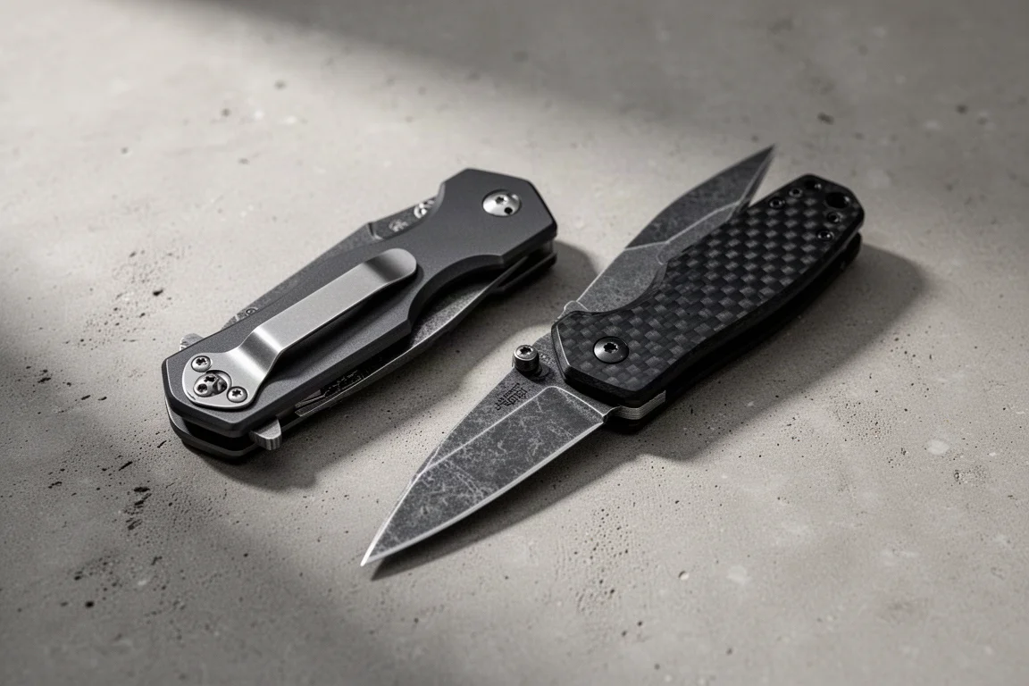 Dois canivetes dobráveis OLIGHT Zen, um em alumínio e um em fibra de carbono Damascus, sobre uma superfície de concreto