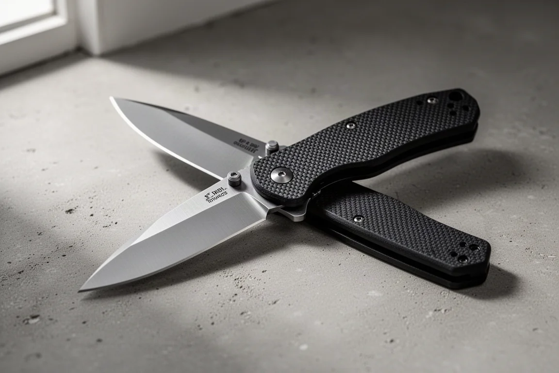 Olive Knives Lenta folding knife open on a concrete surface with a polished drop point blade