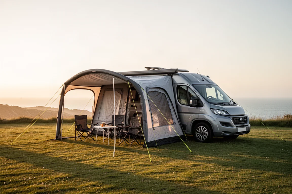 Autocaravana com um avanço inflável fixado num parque de campismo costeiro à hora dourada