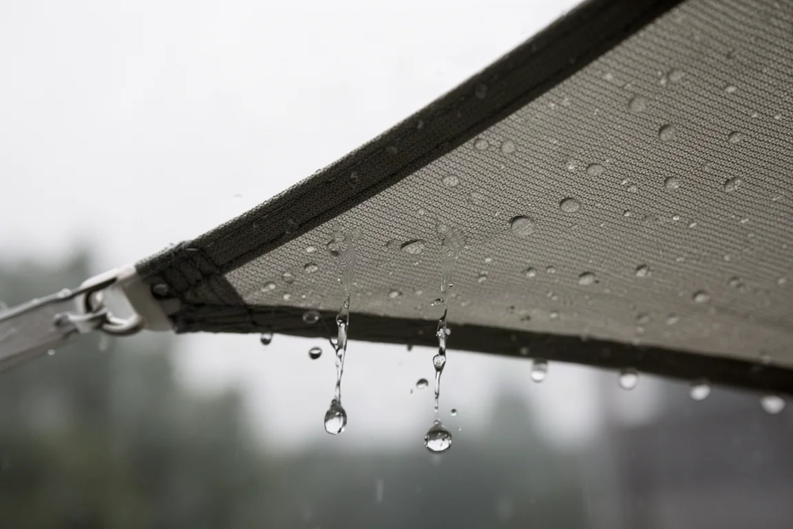 Gotas de chuva a acumularem-se no tecido tenso de um avanço inflável