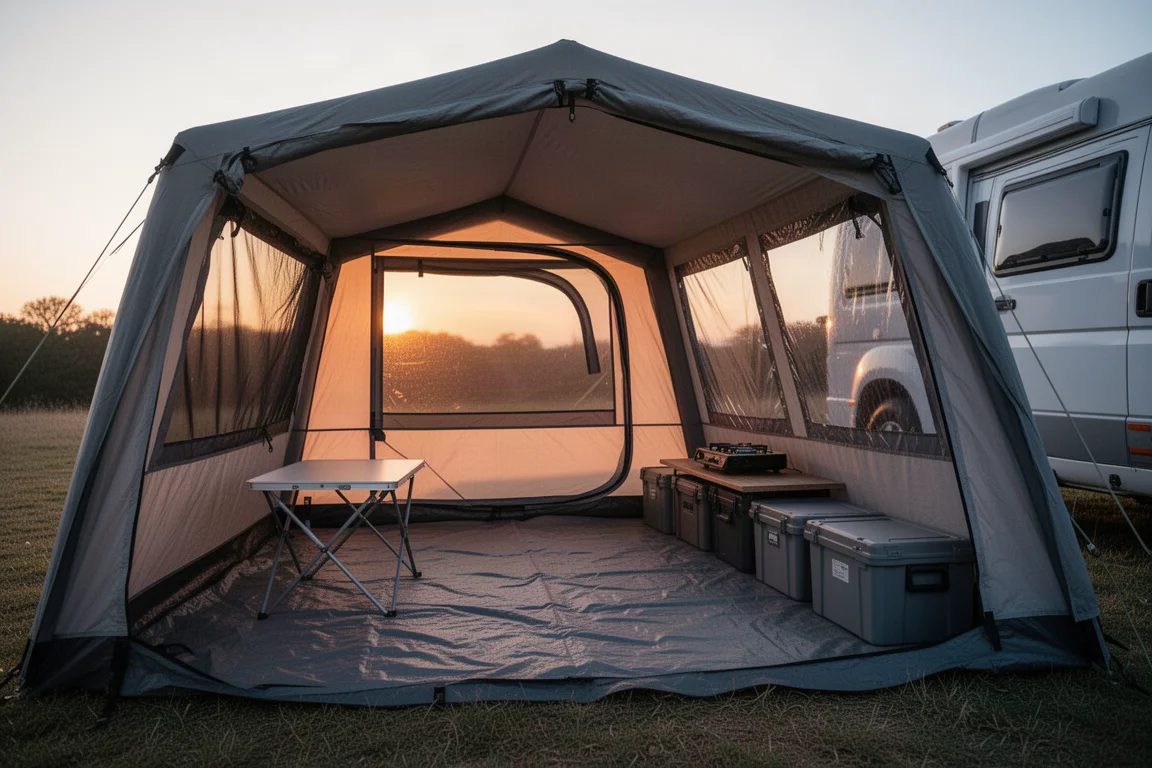 Interior de um avanço para autocaravana com chão, mesa e equipamento de campismo