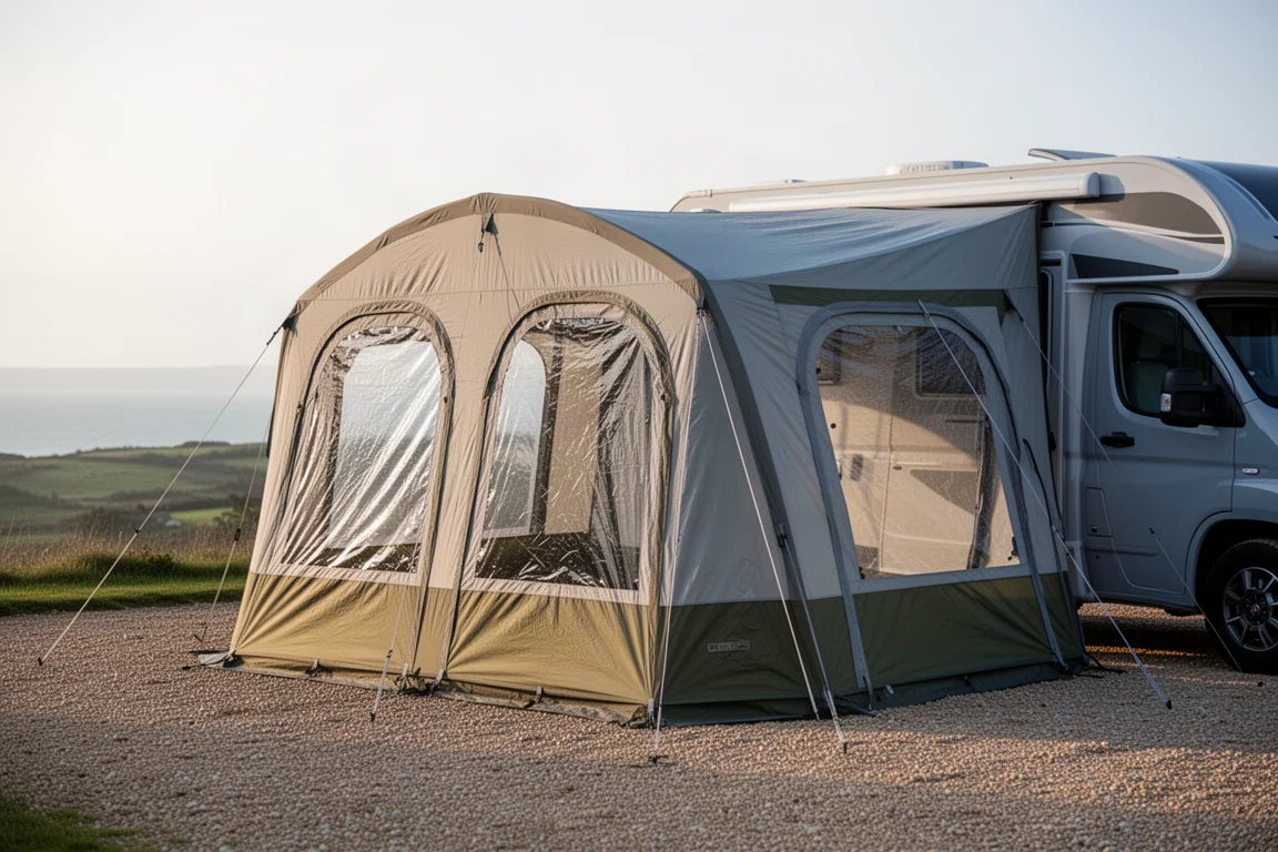 Inflatable camper van awning attached to a light grey camper van on a gravel pitch