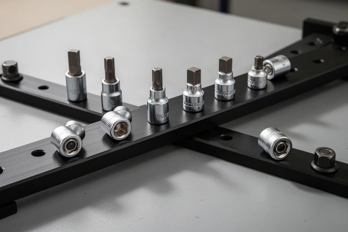 Adaptadores de impacto compactos organizados en un riel de vasos de aluminio
