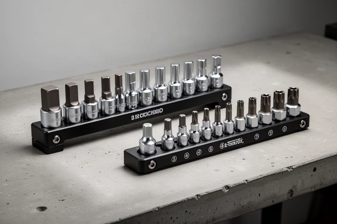 Two Olsa Tools stubby impact socket sets on aluminum rails on a workbench
