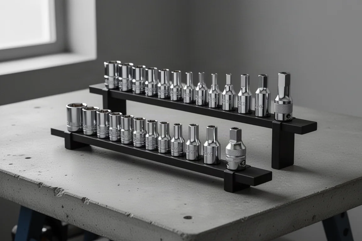 Two compact 1/4 inch drive stubby socket sets on socket rails on a concrete workbench