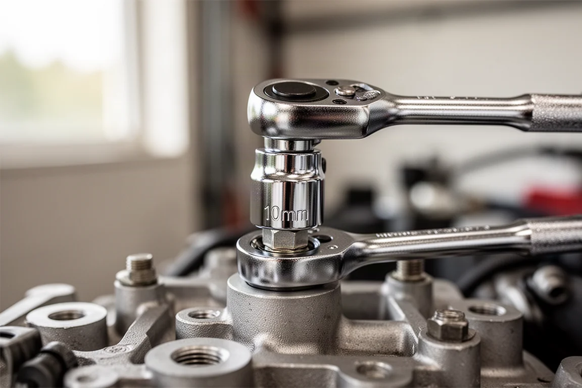 Close-up of a 10mm socket fitted onto a bolt head during mechanical work