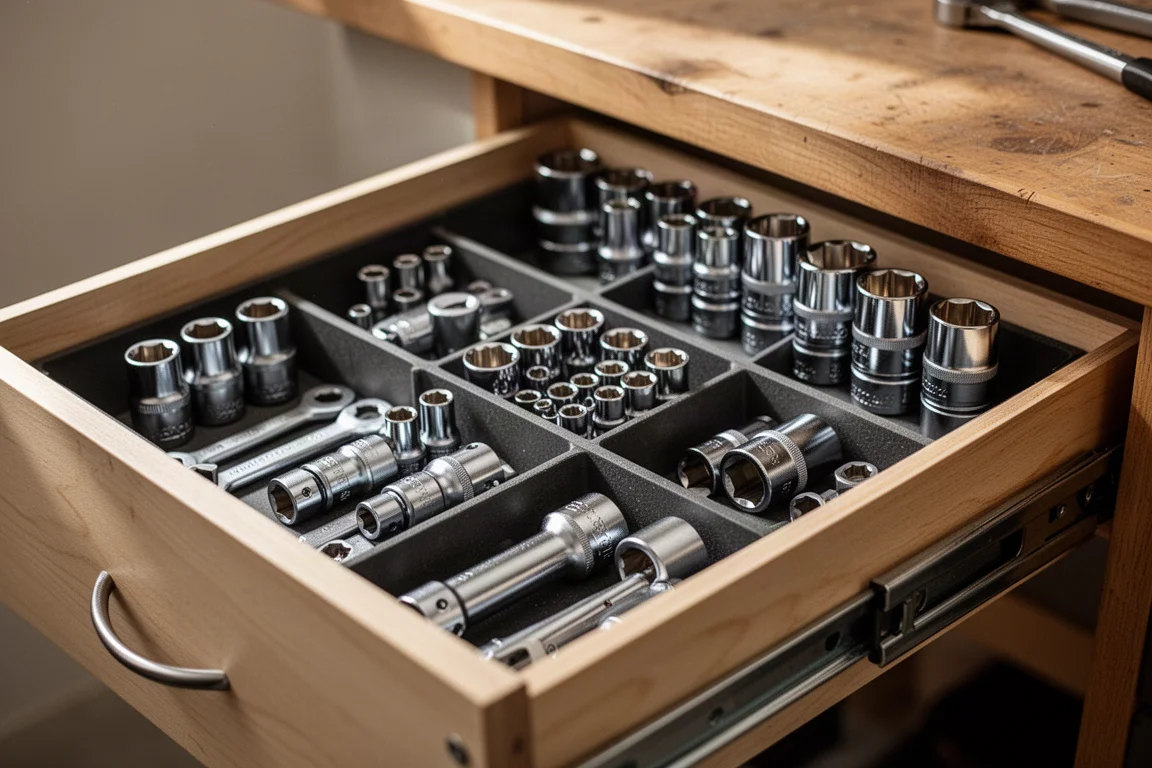 Organized tool drawer with divided compartments holding sorted sockets