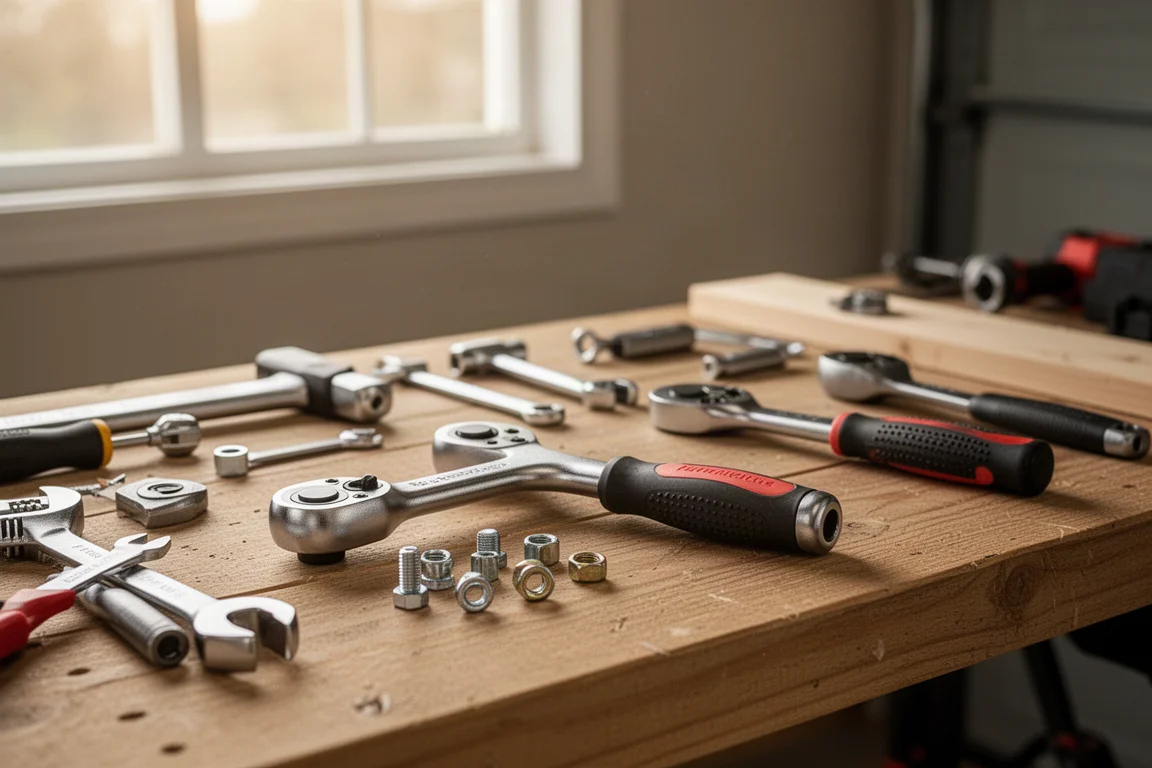 Home garage workbench with DIY tools laid out for a weekend project