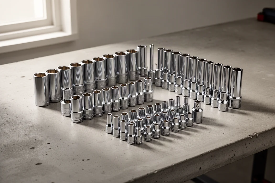 Four groups of chrome 10mm sockets arranged neatly on a concrete workshop surface