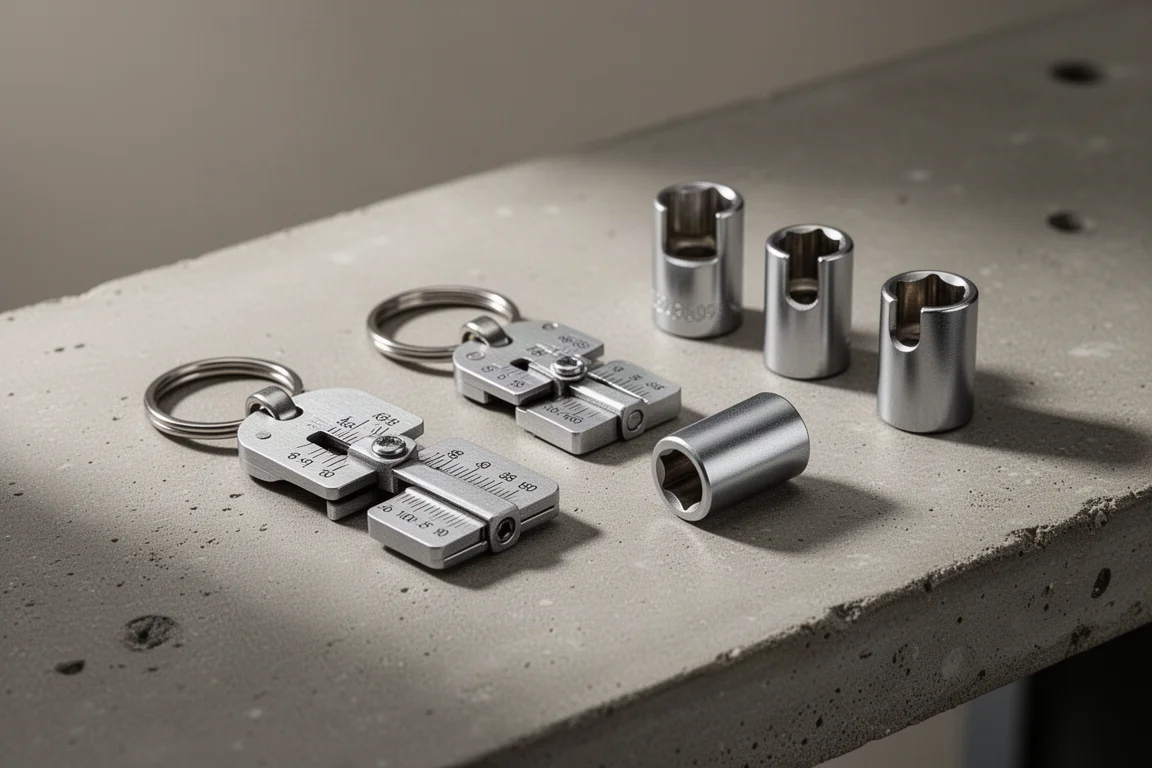 Two bolt size gauge keychains and three steel socket clips on a concrete workbench