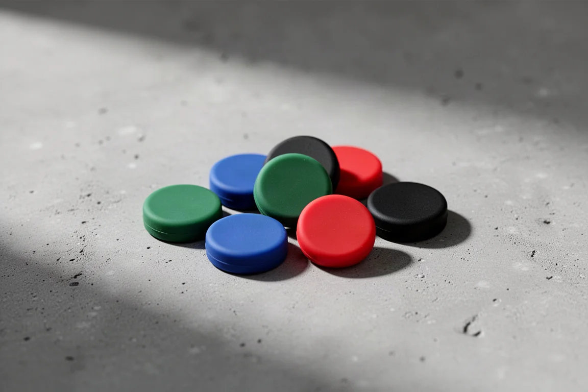 Silicone-coated button magnets in four colors on a concrete workshop surface