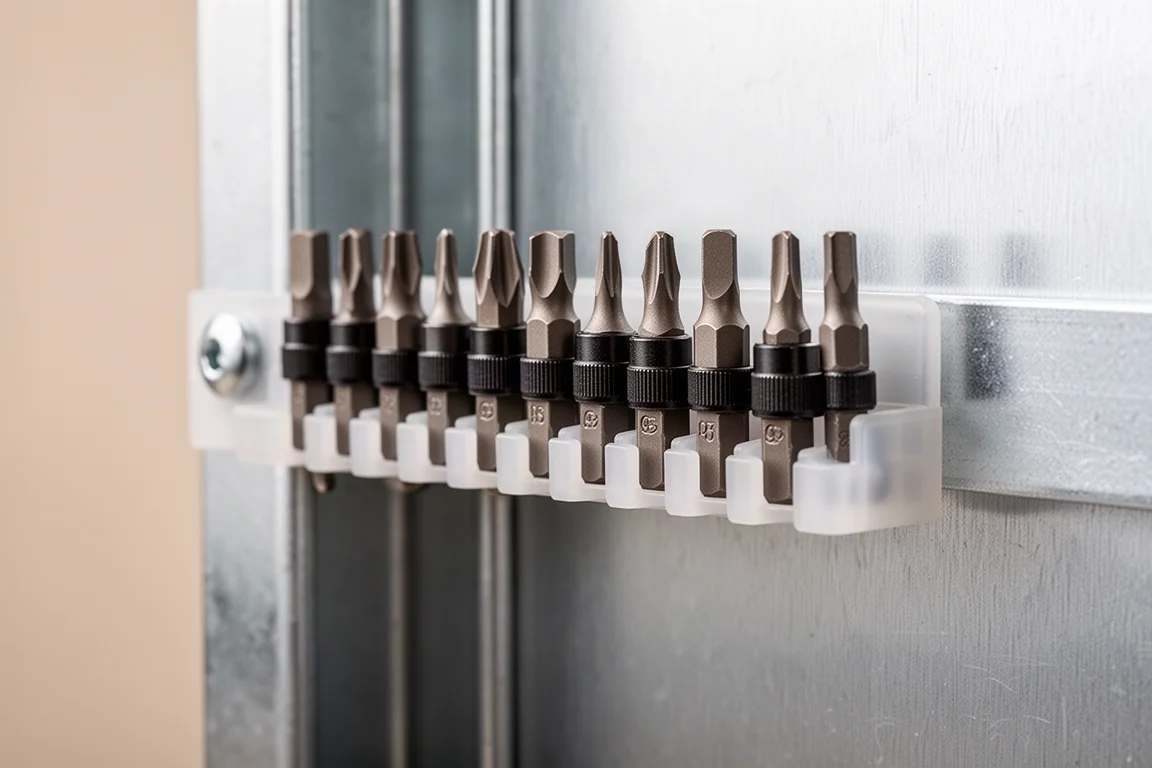 Zbliżenie na bity hex typu quick lock wpięte w gniazda listwy na bity