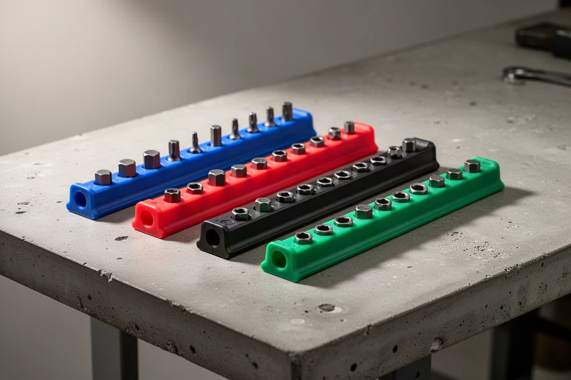 Four magnetic hex bit holder rails in blue, red, black and green on a workbench