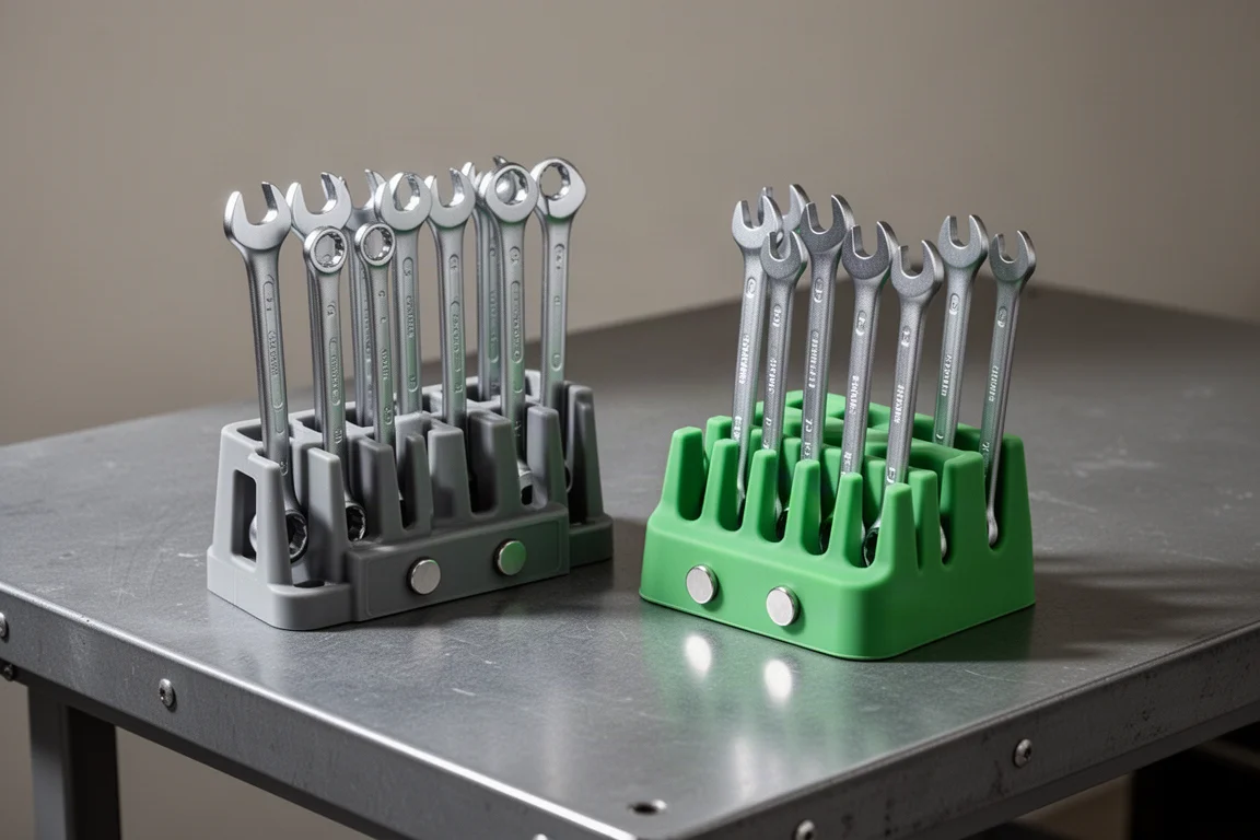 Hard plastic and green silicone Olsa Tools wrench holders with wrenches on a steel workbench