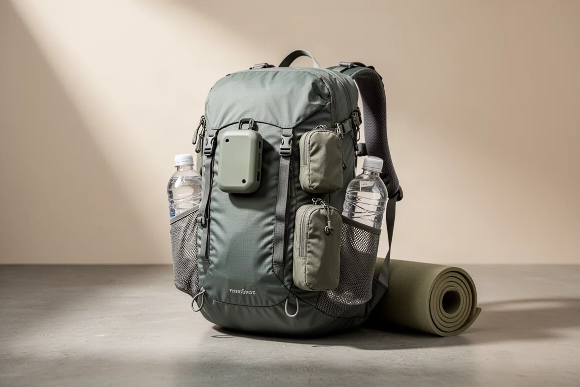 Modular ultralight hiking backpack with chest pod, shoulder pouches and foam mat on concrete