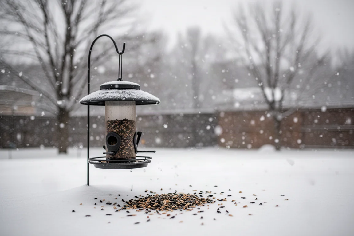 Neve che cade su una mangiatoia per uccelli in giardino in una grigia mattinata invernale