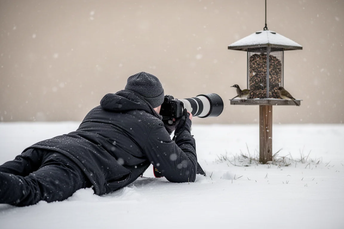 Fotografo sdraiato basso sulla neve mentre fotografa gli uccelli alla mangiatoia