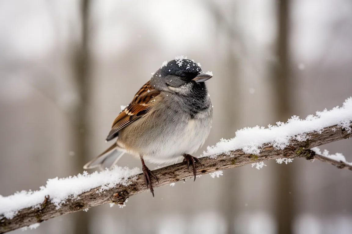 Piccolo uccello canterino posato su un ramo innevato con fiocchi di neve sul piumaggio