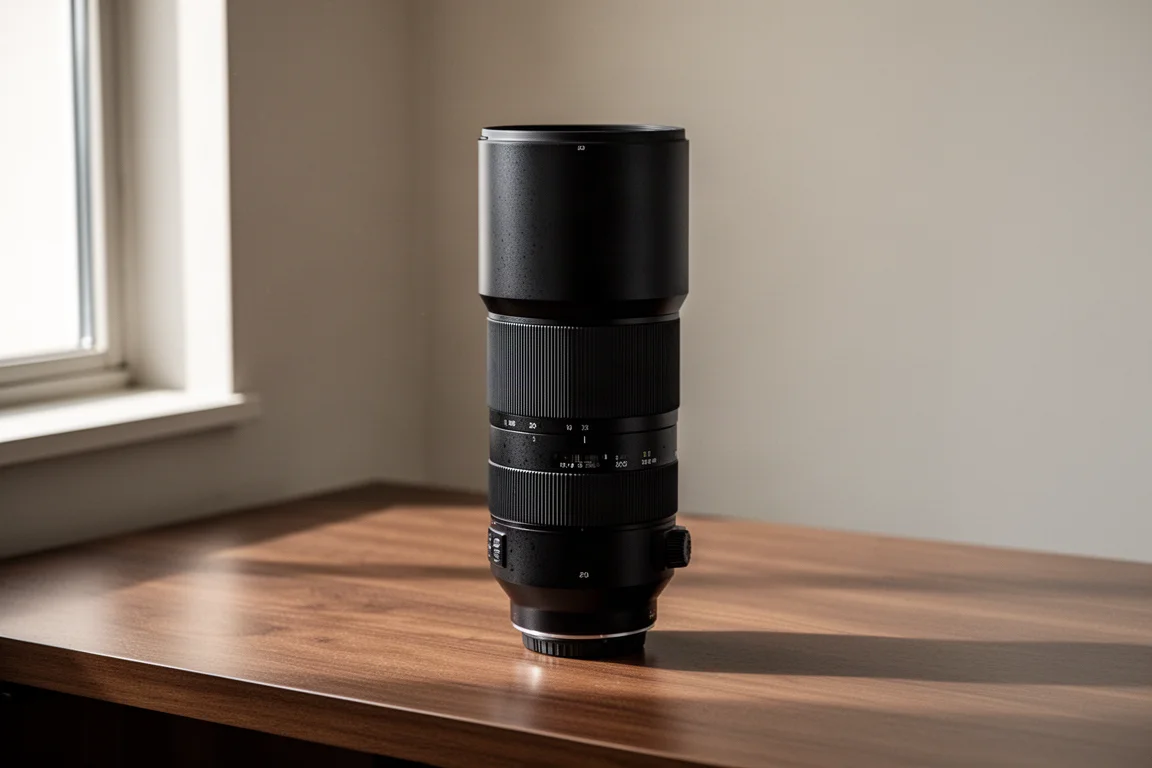 OM System 100-400mm Telezoom-Objektiv steht auf einem hölzernen Schreibtisch