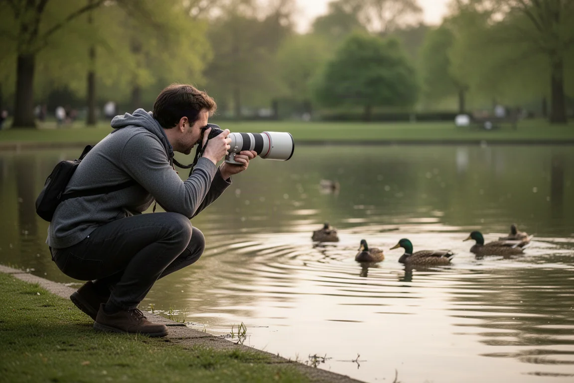 Un fotografo che scatta foto a uccelli sul lago di un parco con un teleobiettivo
