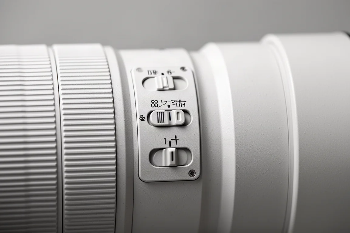 Primo piano degli interruttori di controllo dell'obiettivo per autofocus e stabilizzazione