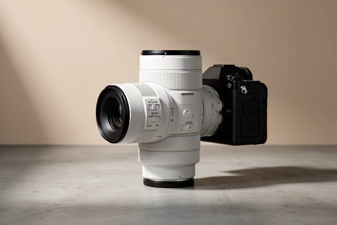 OM System 50-200mm Teleobjektiv an einem Kameragehäuse auf einer Betonoberfläche montiert