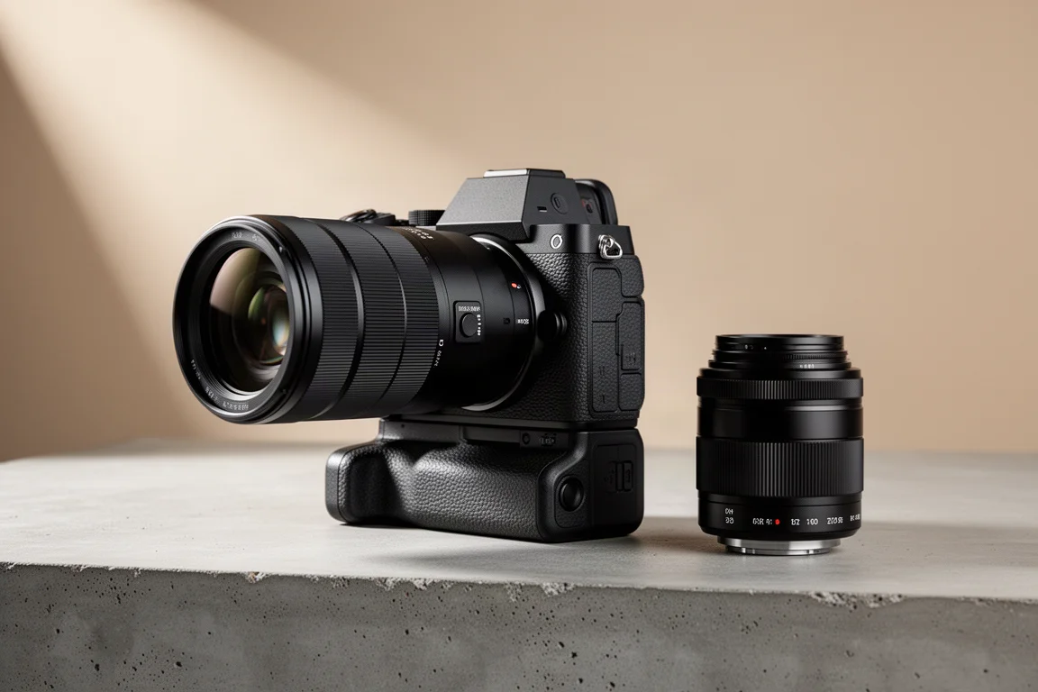 OM System mirrorless camera with telephoto lens beside a prime lens on concrete