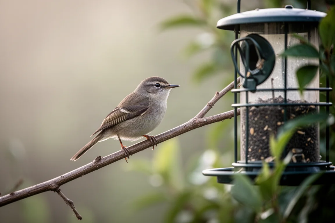 A small songbird perched on a feeder branch in soft morning light