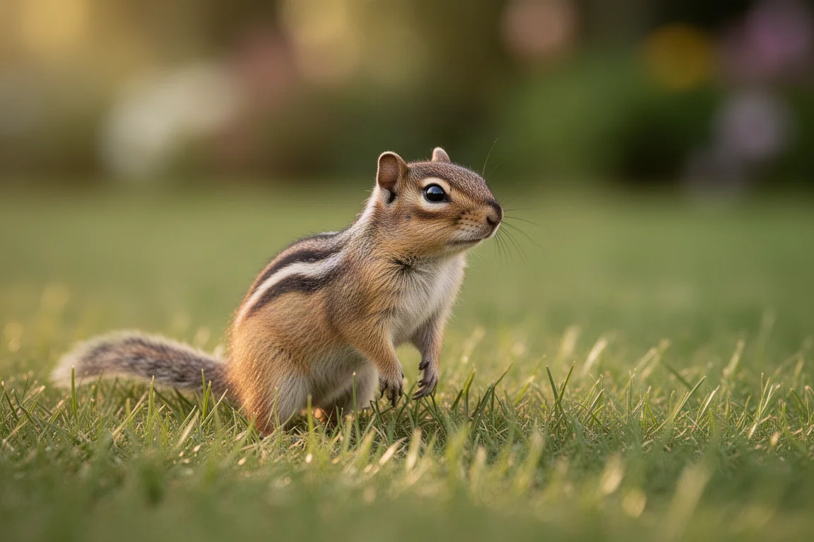 A chipmunk standing alert in a backyard setting