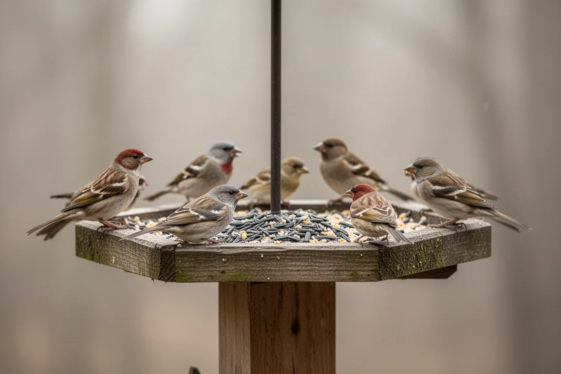 Birds gathered around a feeder at a nature center on an overcast day