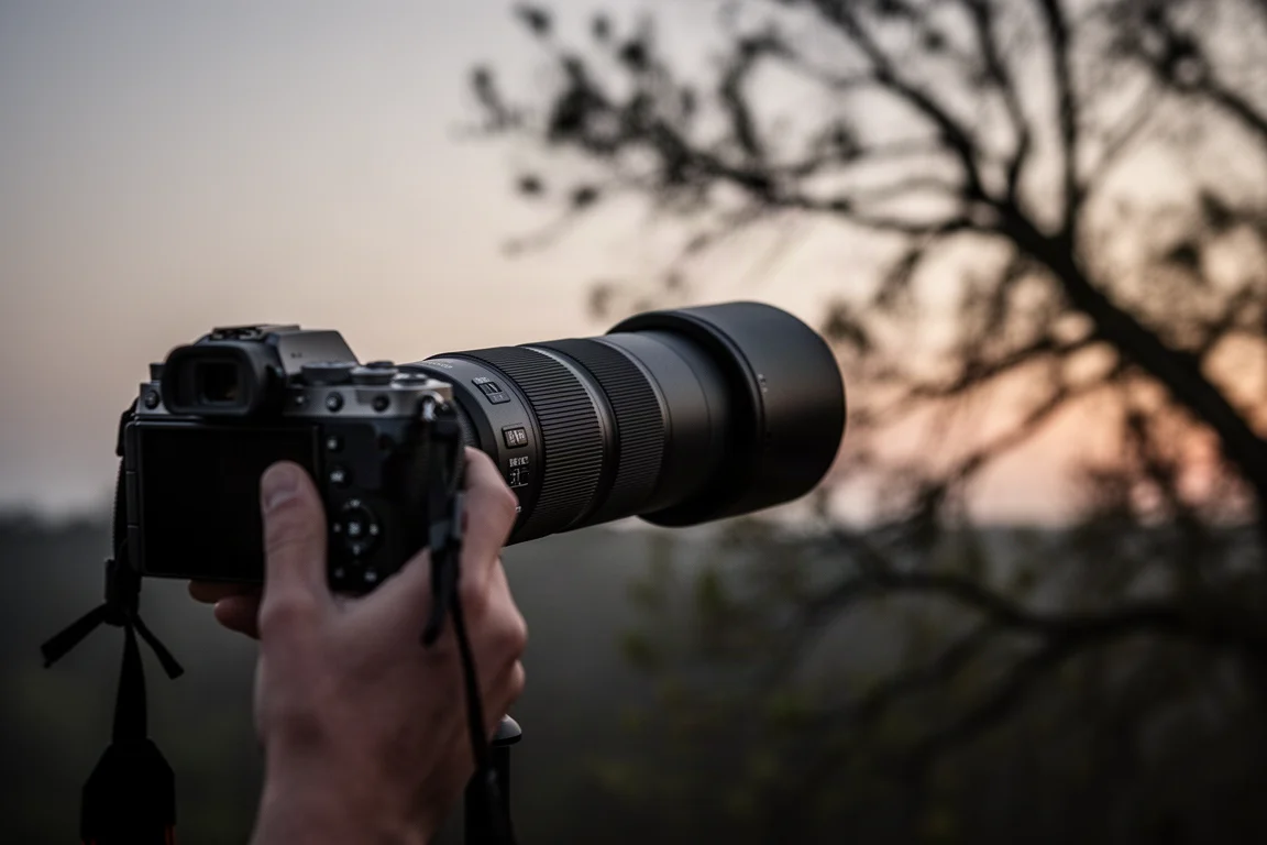 A handheld telephoto camera pointed toward distant tree branches at dusk