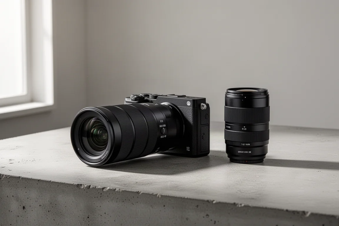 Compact mirrorless camera with long telephoto zoom lens beside a slimmer prime lens on concrete