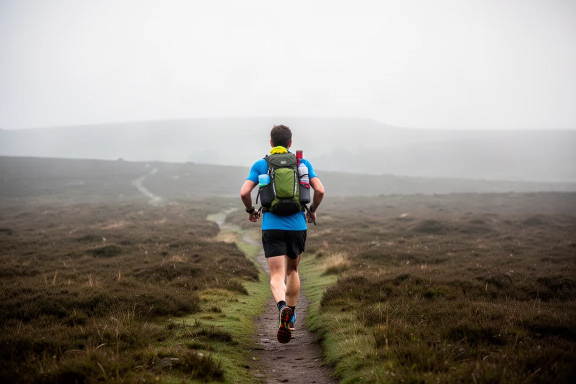 Trail runner che attraversa una brughiera aperta con uno zaino da running carico nella luce soffusa del mattino