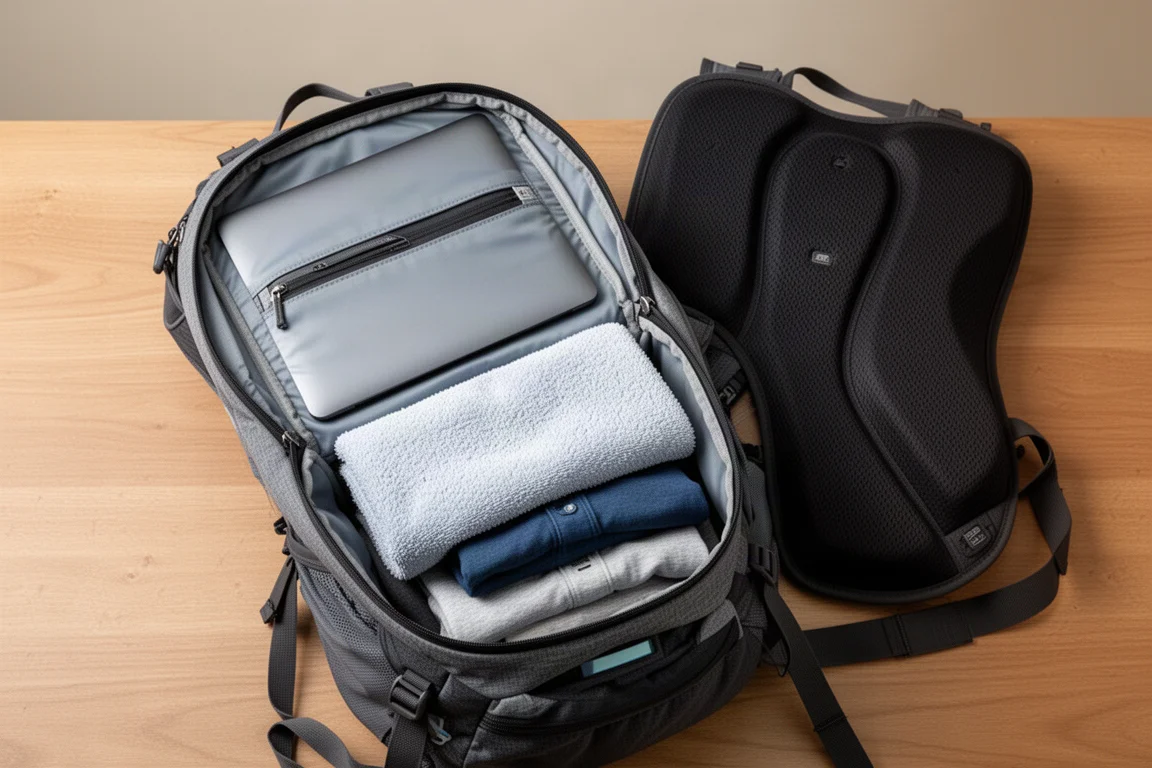 Scomparto principale aperto di uno zaino da running con un laptop e abiti piegati all'interno